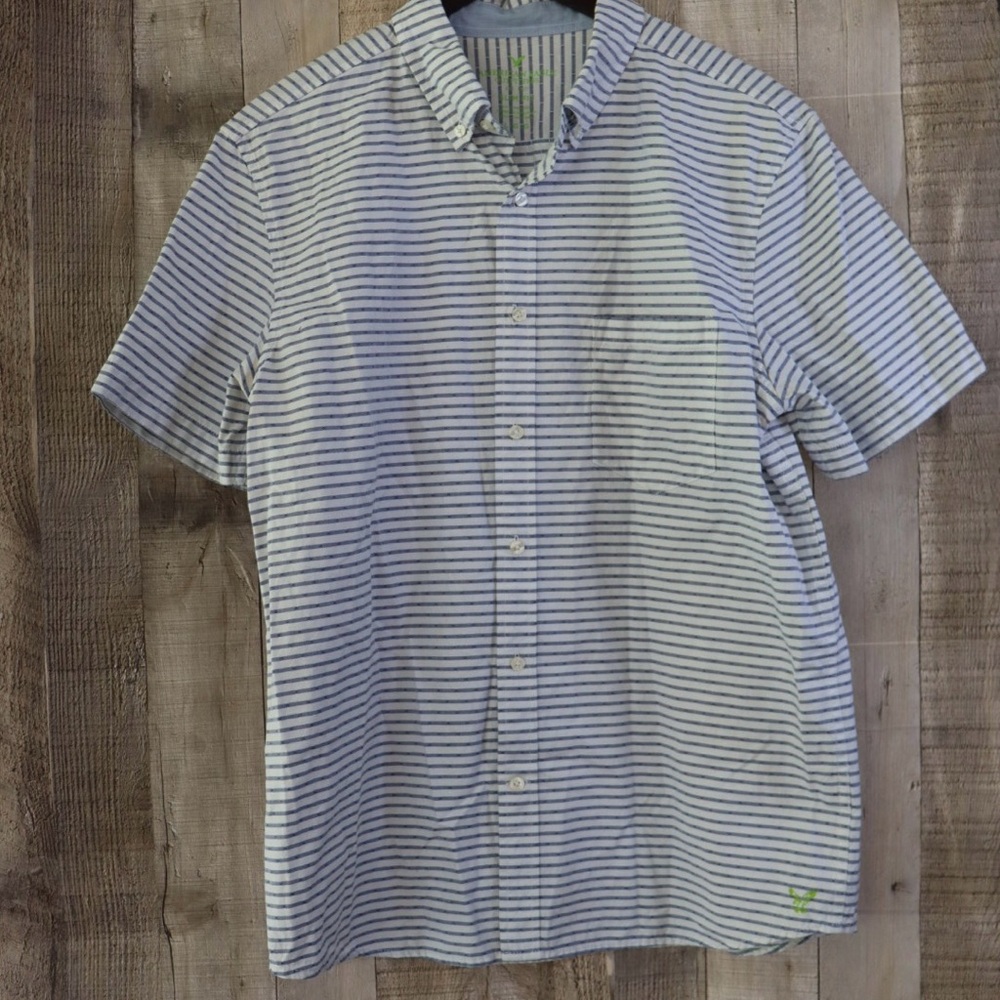 American Eagle Outfitters White and Blue Casual Button Down Shirt